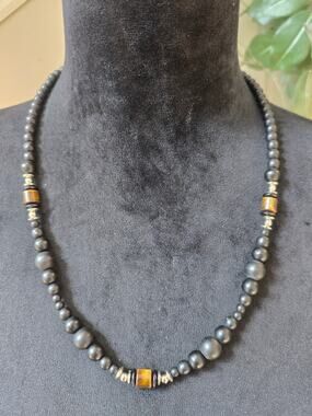 Black Gray Beaded Necklace with Gold Tone Accent Beads